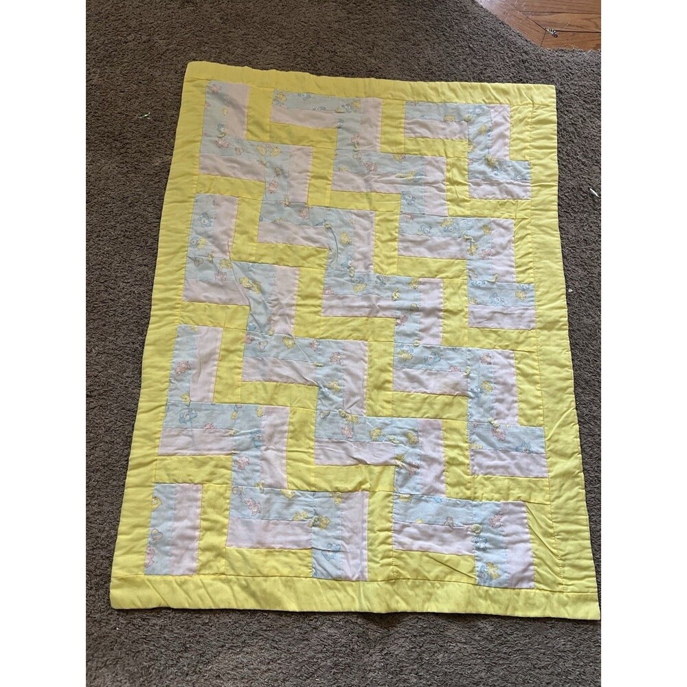 Vintage Baby Blanket Crib Quilt Handmade Care Bears Yellow Nursery